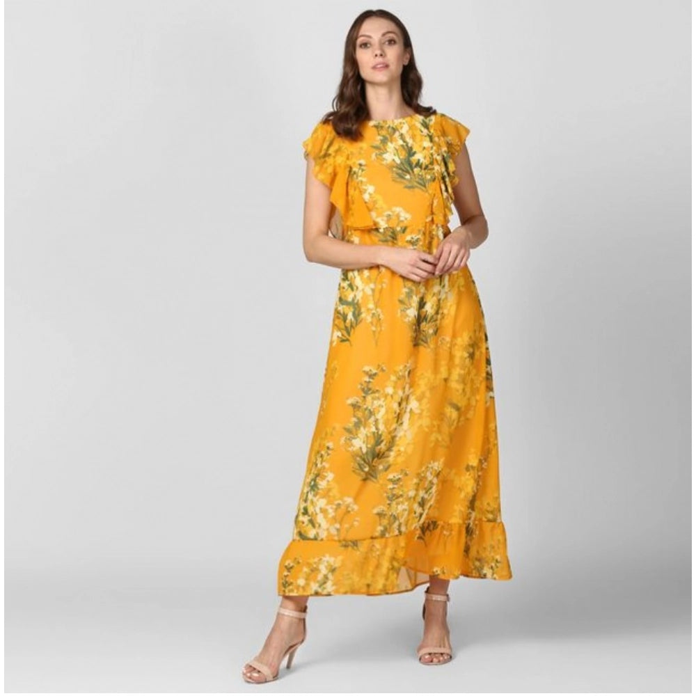 Women's yellow floral round neck dress with butterfly sleeves