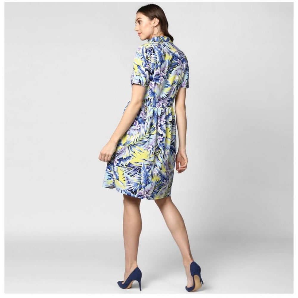Women's short sleeve floral print dress with a collar and short sleeves, polyester material