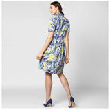 Women's short sleeve floral print dress with a collar and short sleeves, polyester material