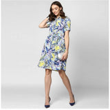 Women's short sleeve, collared dress with polyester floral print in blue and yellow tones