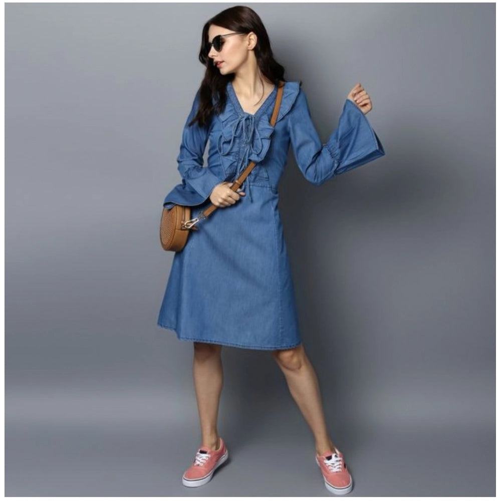 Blue denim bell sleeve dress with V-neck