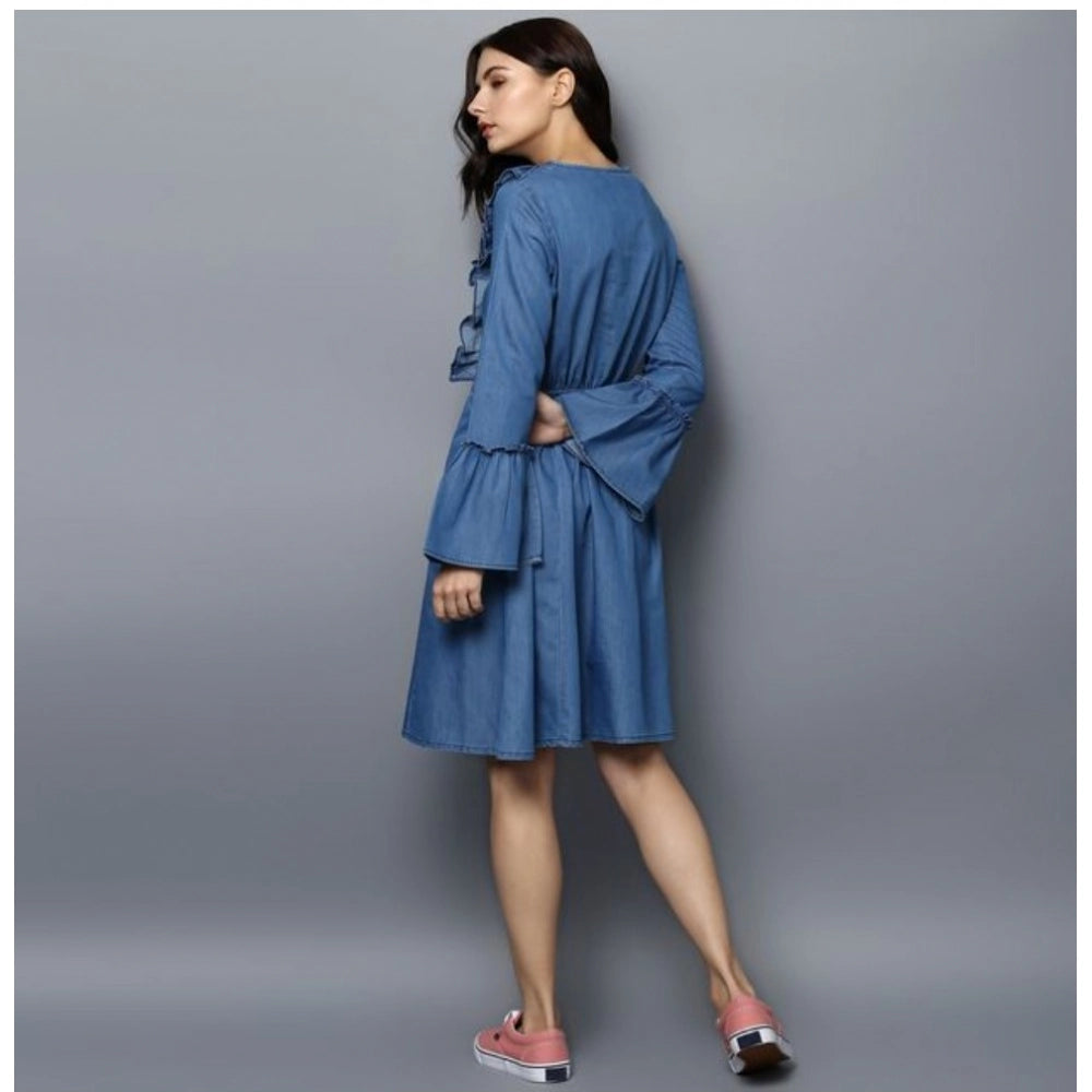 Solid blue denim V-neck dress with bell sleeves