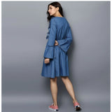 Solid blue denim V-neck dress with bell sleeves
