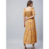 Pink floral half-sleeve dress with square neck