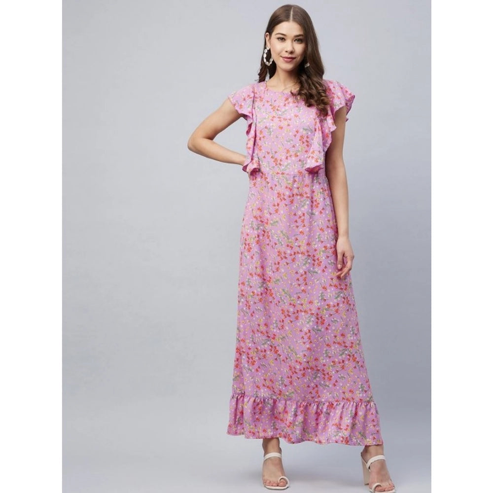 Lavender floral polyester round neck flutter dress