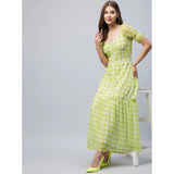 Lime green polyester-cotton blend checkered square neck half sleeve women's dress