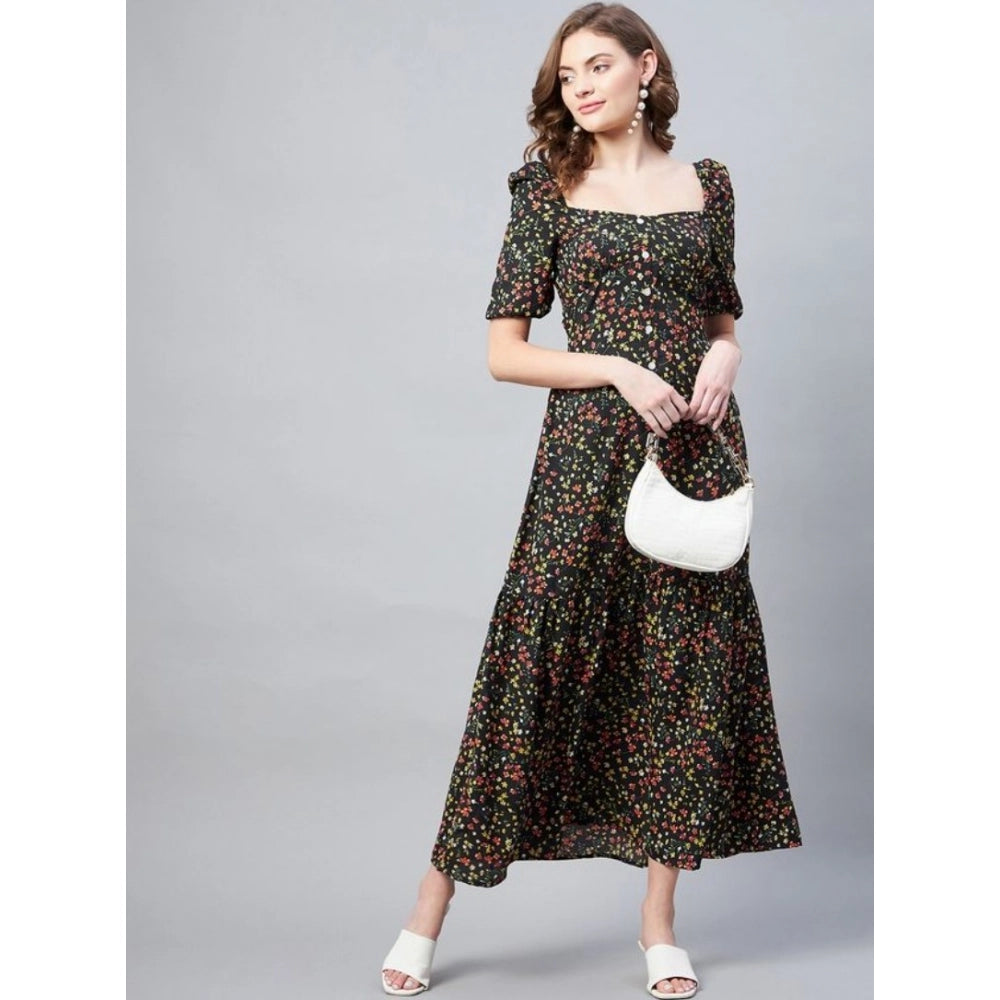 Women's black moss floral polyester half sleeve dress