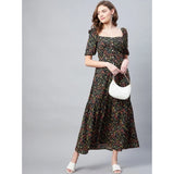 Women's black moss floral polyester half sleeve dress