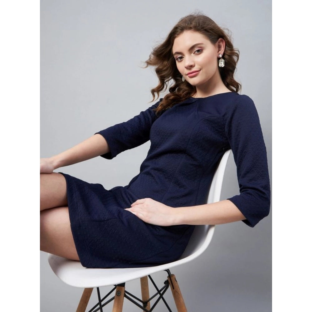 Navy polyester jacquard round neck dress with 3/4th sleeves for women