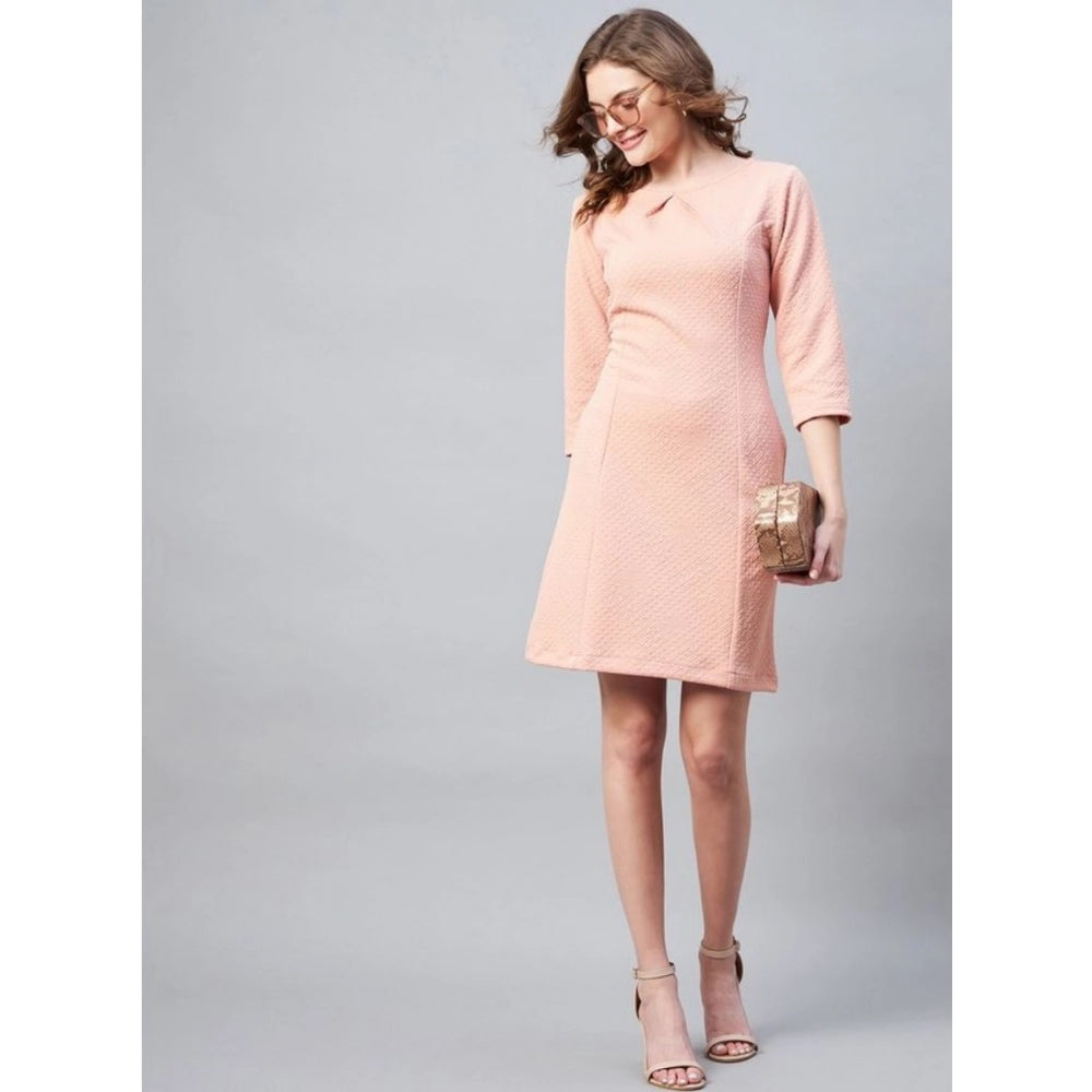 Pink polyester women's round neck dress with self design, jacquard pattern, and 3/4 length sleeves