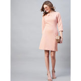 Pink polyester women's round neck dress with self design, jacquard pattern, and 3/4 length sleeves