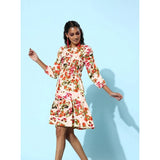 Multicolored floral patterned polyester round-neck women's dress with 3/4th sleeves