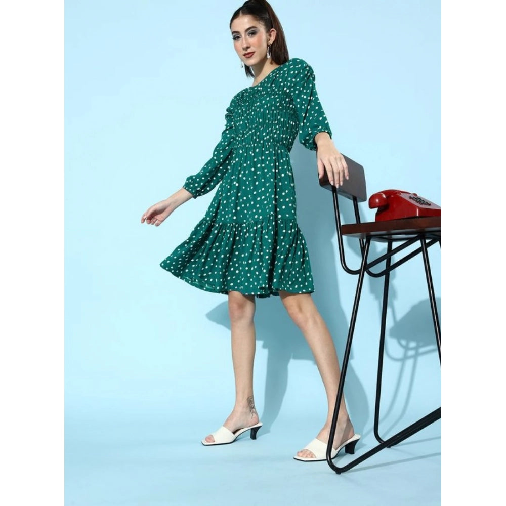 Green round neck moss polka dot dress with 3/4 sleeves
