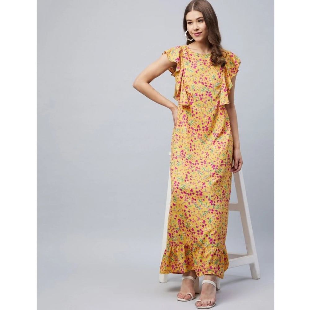 Women's red polyester floral round neck flutter dress