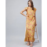 Women's red polyester floral round neck flutter dress