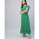Women's green polka dot close neck flutter dress