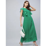 Green polka dot polyester dress with fluttery detailing
