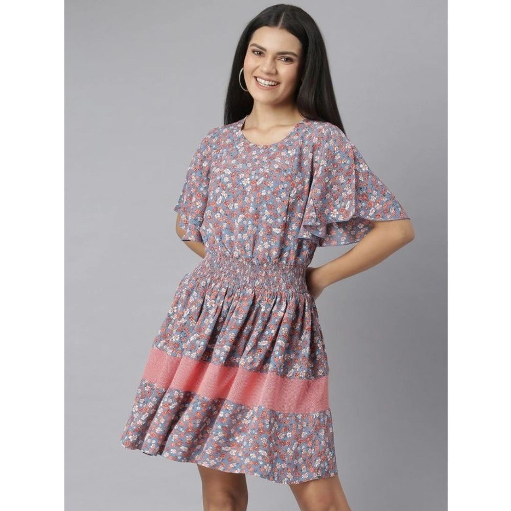 Grey-red moss floral round neck flutter dress
