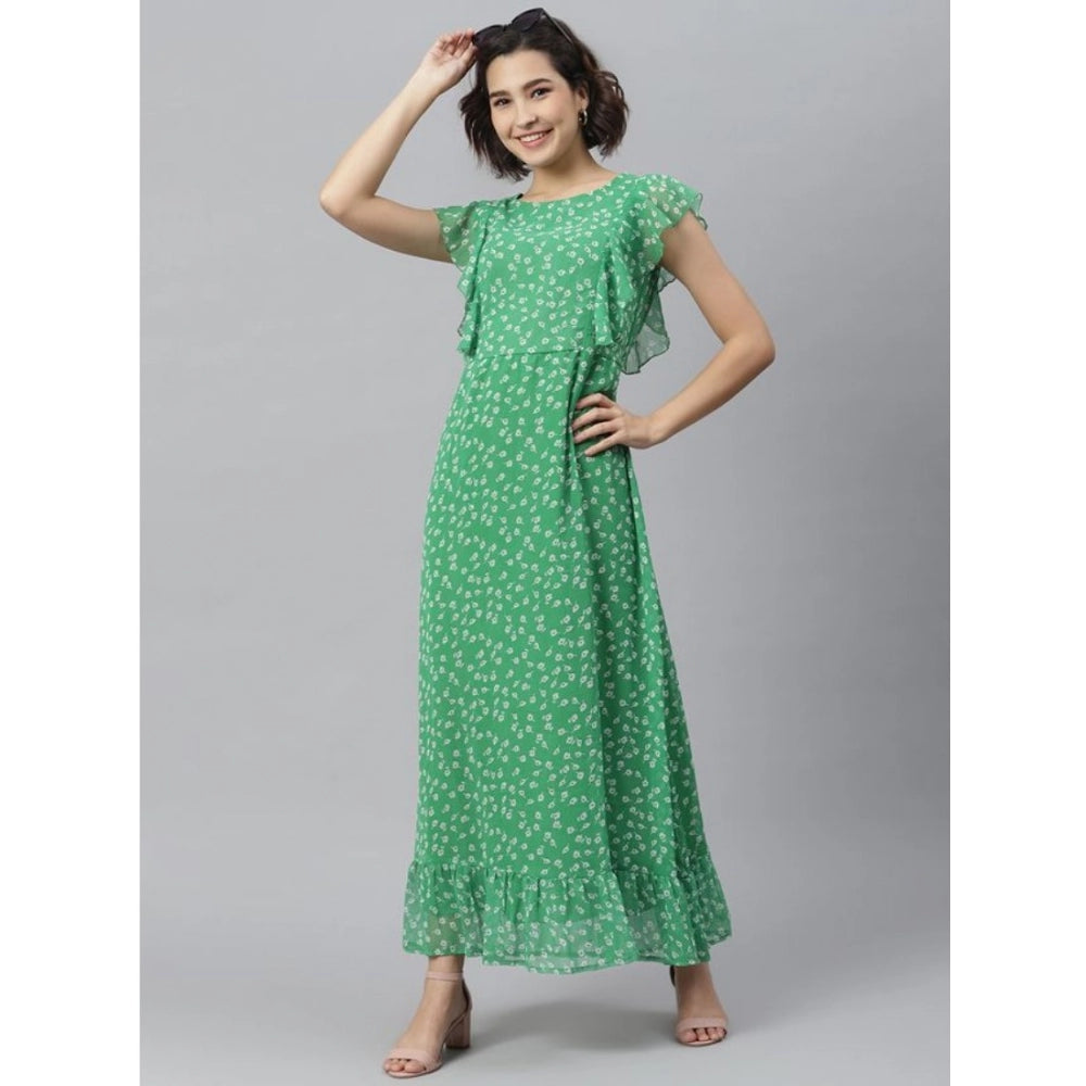 Green polyester round neck short sleeve dress