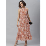 Women's Rust colored polyester printed halter neck sleeveless dress