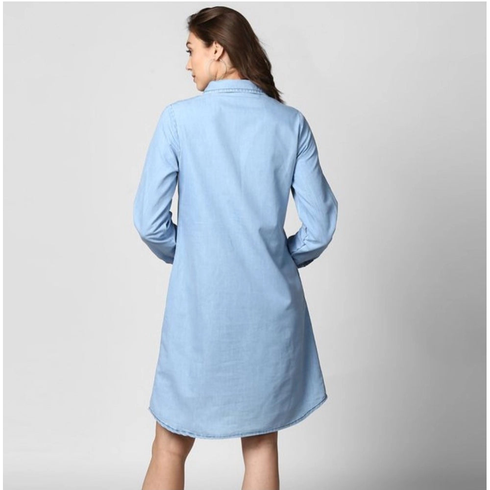 Women's solid denim dress with roll-up sleeves, long sleeve style