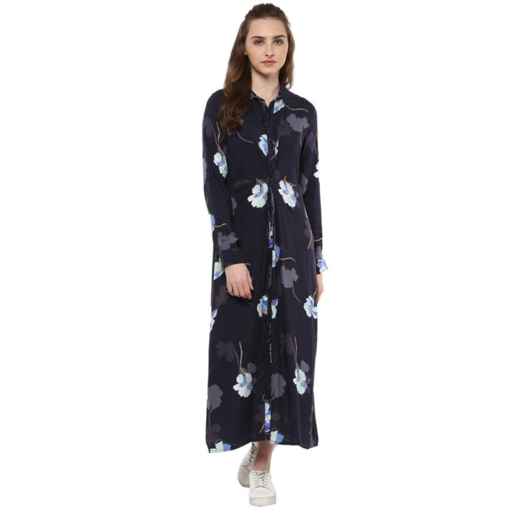 Rayon floral long sleeve dress with blue hue and collar neckline, mid-calf length