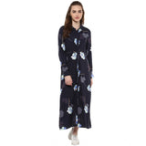 Rayon floral long sleeve dress with blue hue and collar neckline, mid-calf length