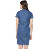 Women's denim solid tie-up neck short sleeve dress in blue