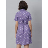 Women's short sleeve polka dot collared dress in lavender polyester