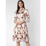 Women's white pleated collar neck long sleeves dress