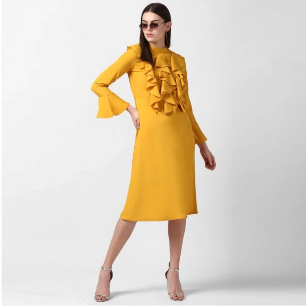 Yellow polyester long-sleeve dress with ruffled neckline