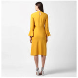 Women's long sleeve polyester ruffled close neck dress (yellow)