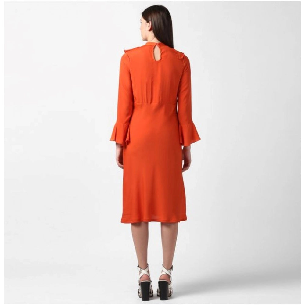 Orange polyester long sleeves dress with ruffled neck