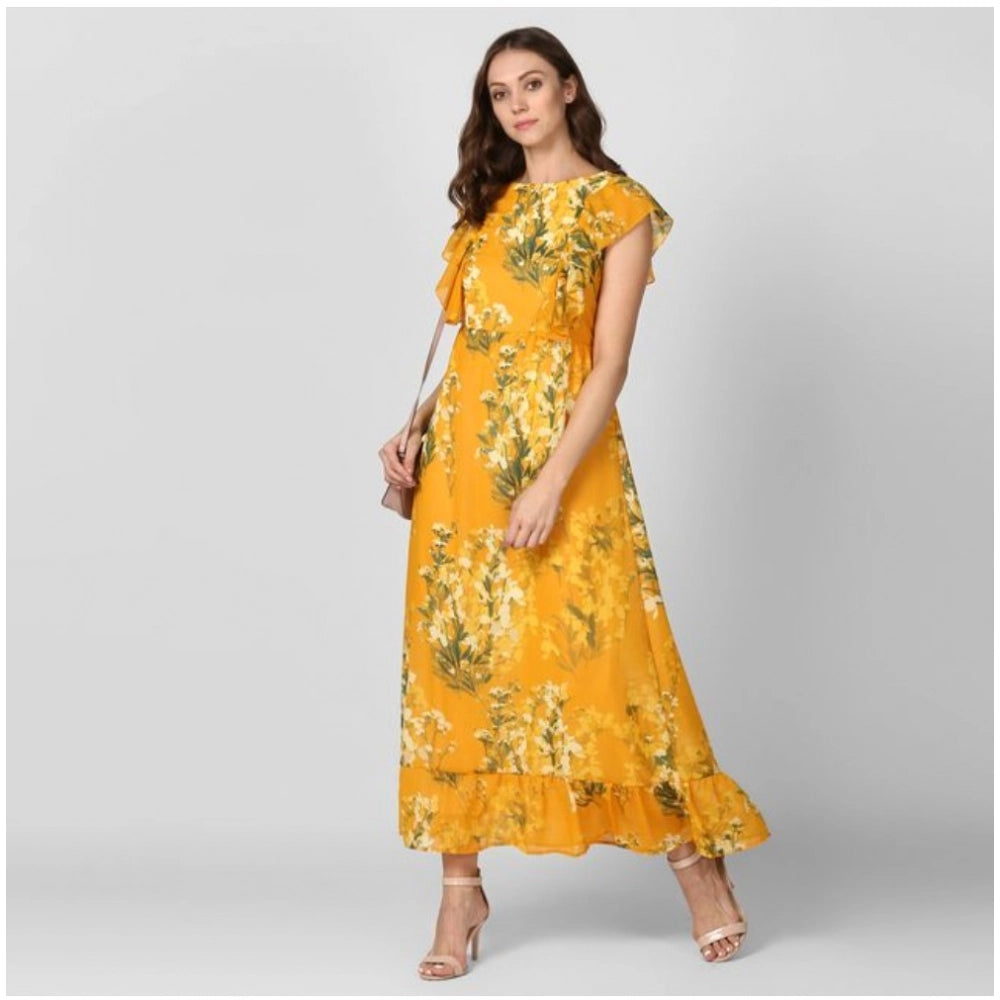 Yellow round neck dress with floral print and butterfly sleeves