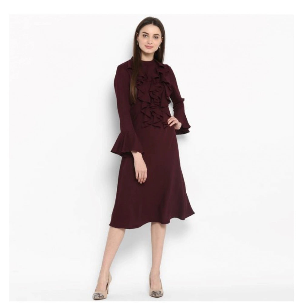 Maroon polyester women's ruffled bell sleeve dress