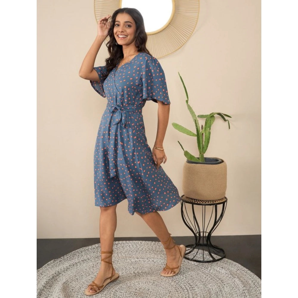 Grey polyester bell sleeve dress with a v-neck