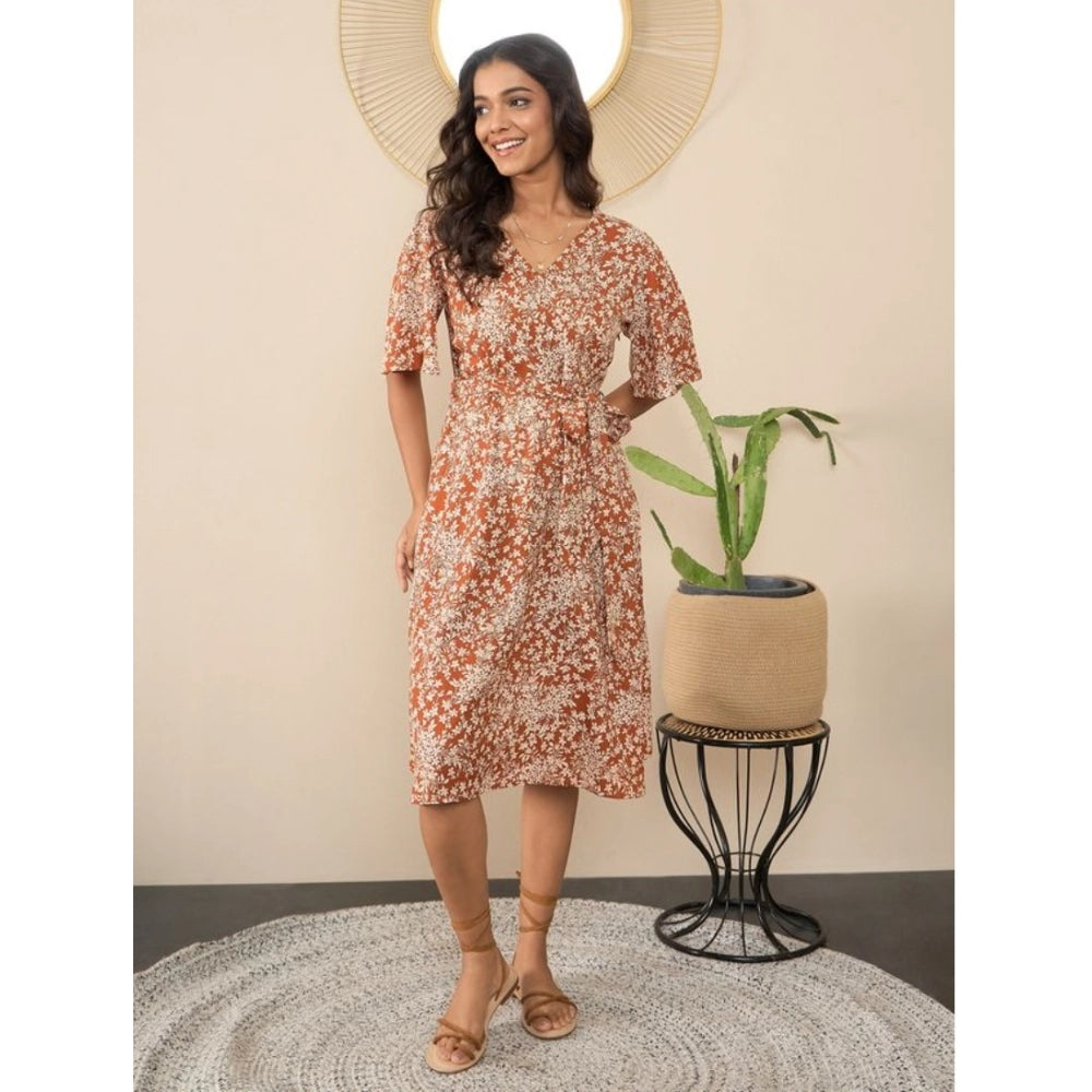 Women's brown polyester V-neck dress with bell sleeves and moss floral pattern