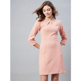 Pink polyester self-design round neck dress with 3/4th sleeves
