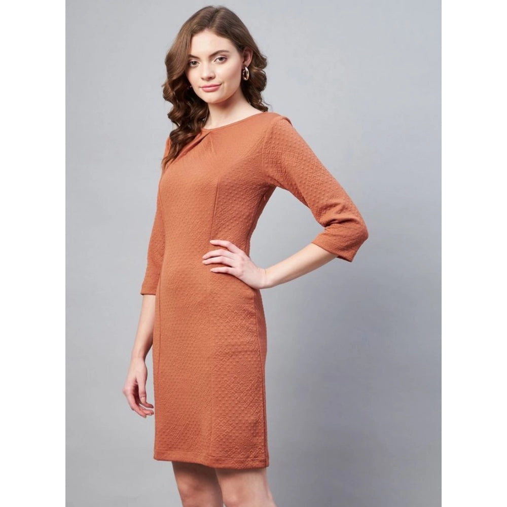 Women's polyester jacquard self-design round neck 3/4th sleeves dress, rust color