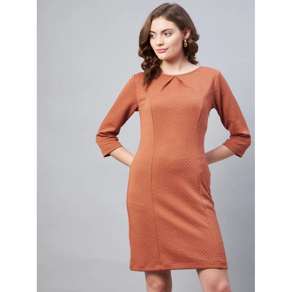 Rust polyester round neck dress with 3/4th sleeves