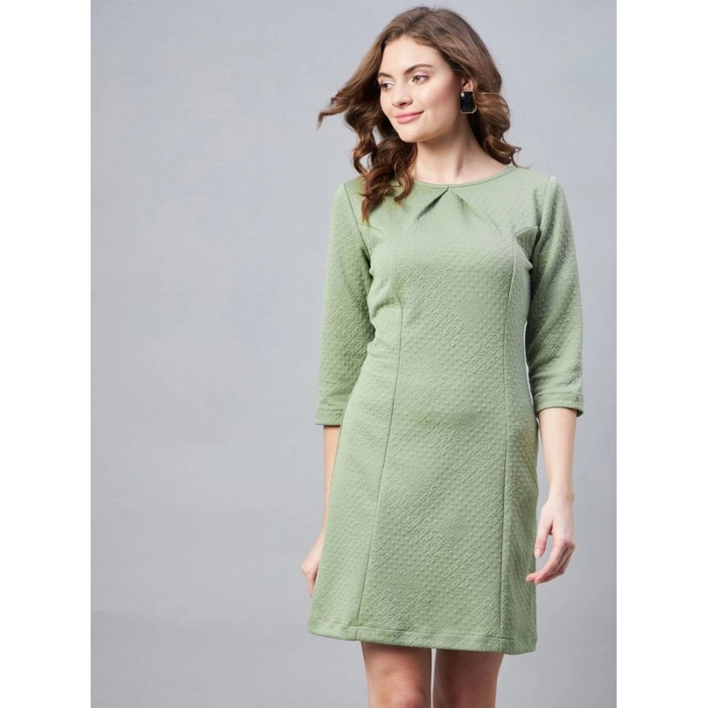 Olive polyester round neck dress with 3/4 sleeves, self design jacquard pattern
