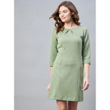 Olive polyester round neck dress with 3/4 sleeves, self design jacquard pattern