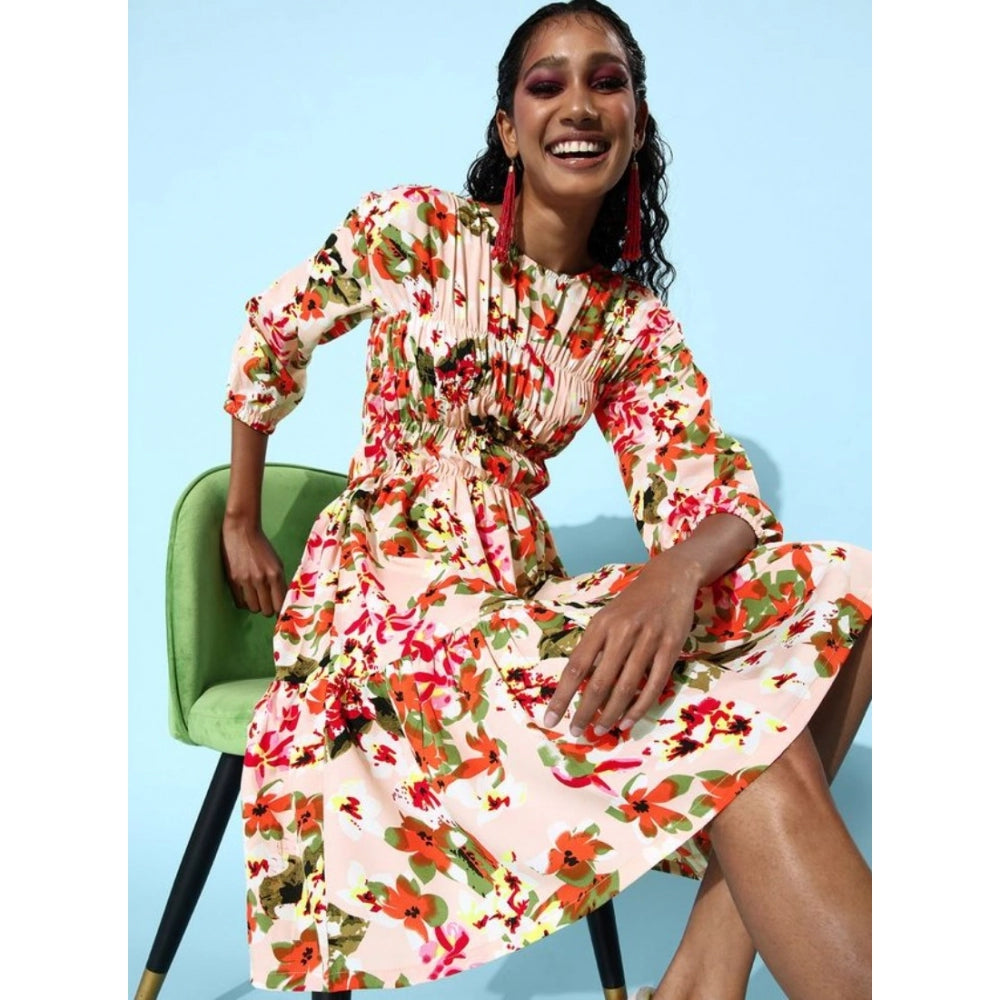 Women's polyester moss polka round neck 3/4th sleeves dress