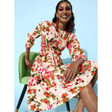 Women's polyester moss polka round neck 3/4th sleeves dress