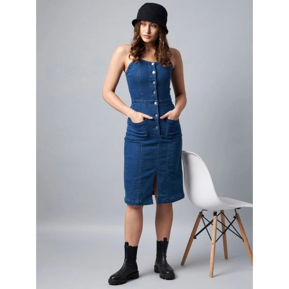 Blue denim Lycra square neck shoulder straps dress, solid pattern for women's fashion