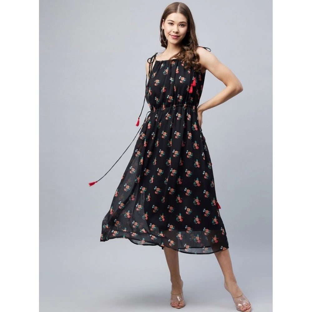 Black chiffon sleeveless square neck floral women's dress