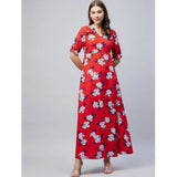 Women's cotton blend floral v-neck half sleeve dress in blue and red