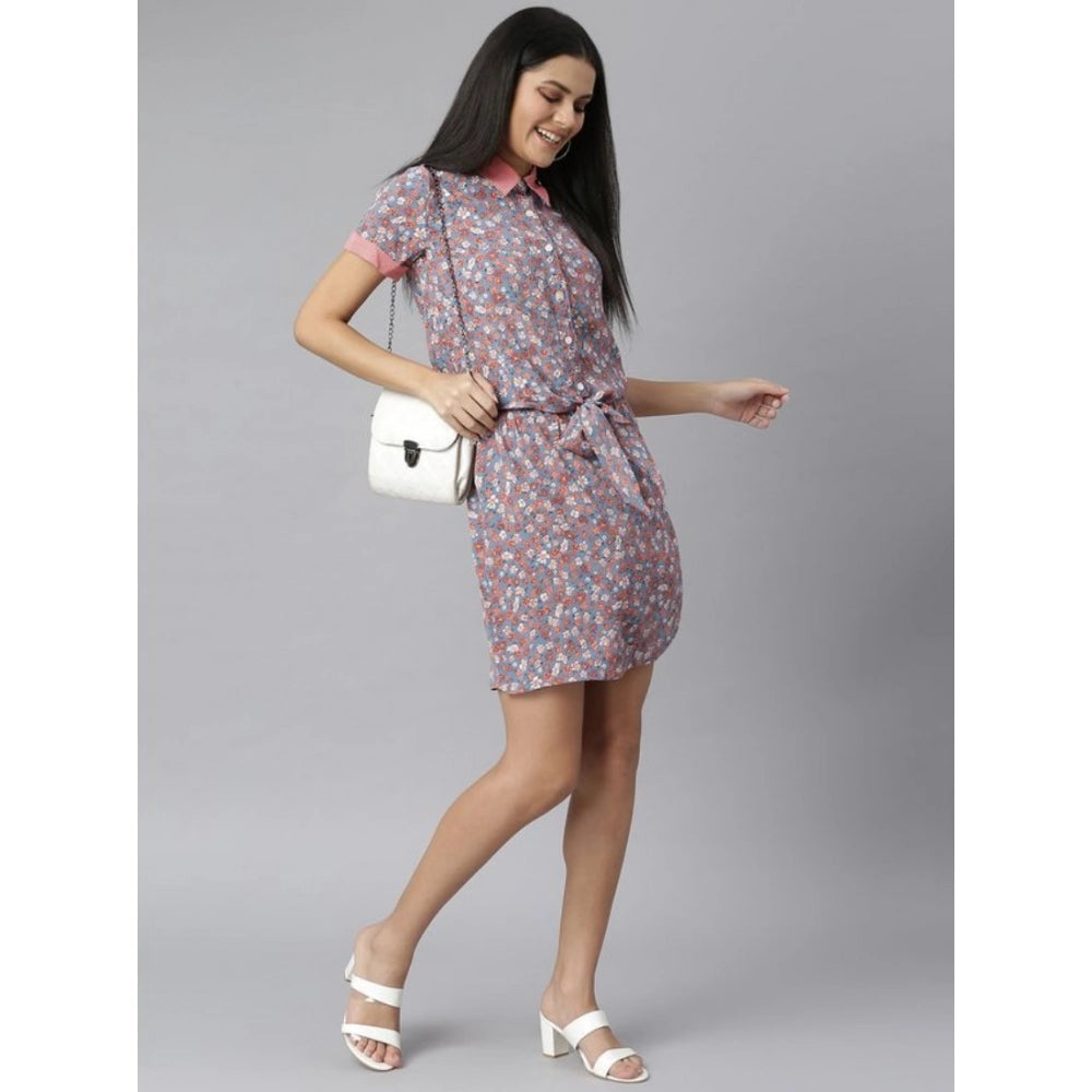 Women's short sleeve dress with polyester moss floral collar, grey-red color