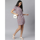 Women's short sleeve dress with polyester moss floral collar, grey-red color