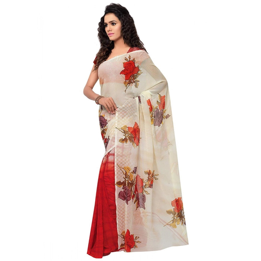 Red faux georgette printed saree with unstitched blouse, vibrant Indian women's fashion accessory